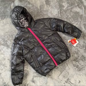 Onekid black puffer jacket with hot pink zipper